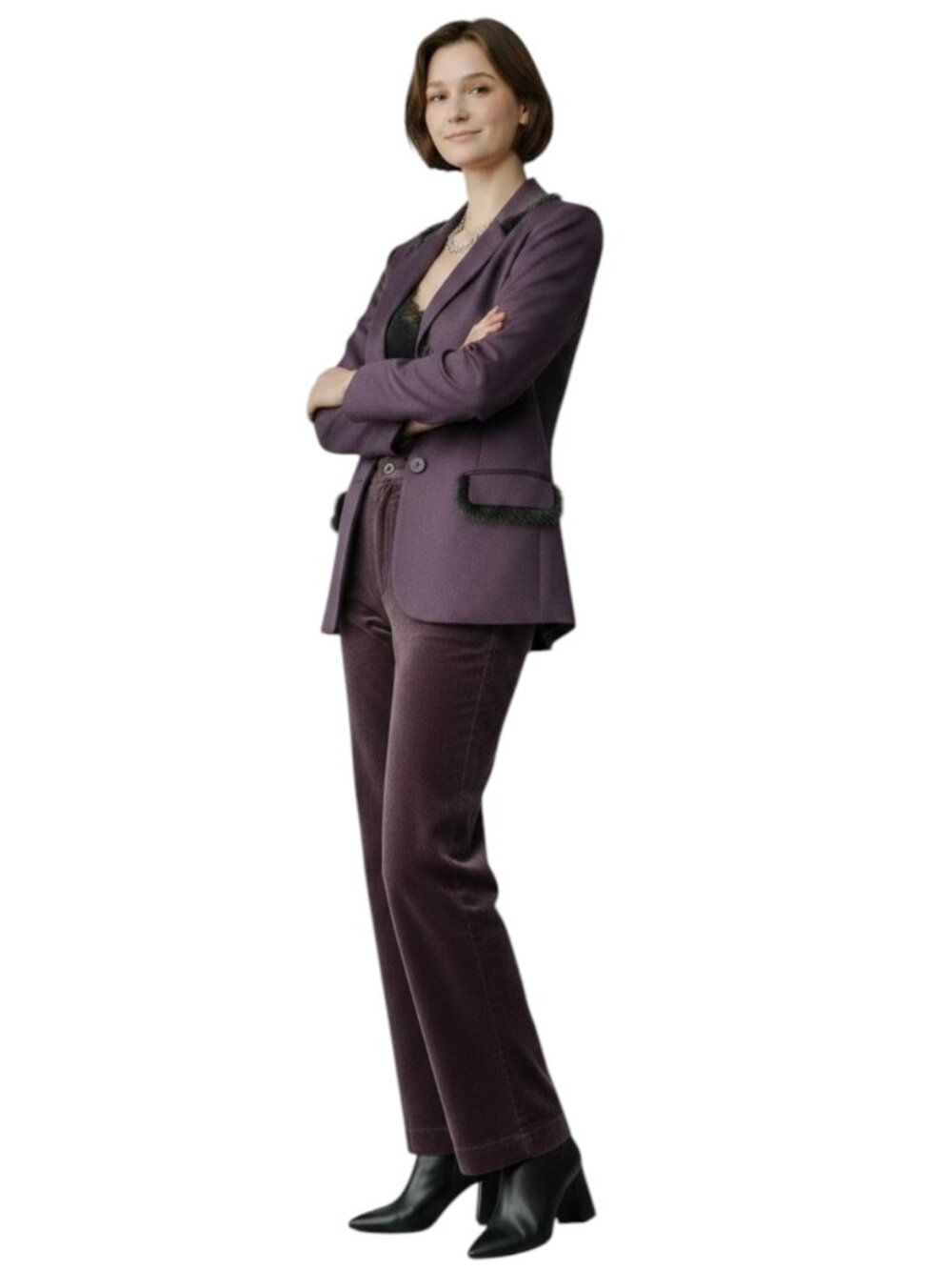 MILLE and UNE Paris Vintage Wool Blend Fur Trim Blazer Jacket Womens US 10 Plum